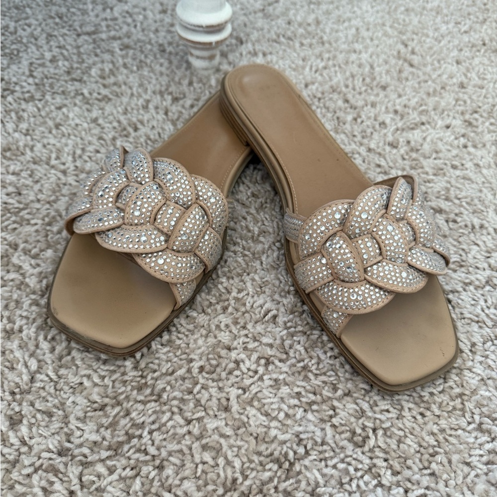 Elegant Tan Slide Sandals with Rhinestone Accents